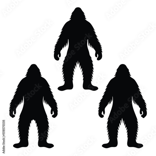 Three Black Silhouettes of Bigfoot Creatures on a White Background Representing Cryptids and Folklore Mysterious and Legendary Isolated and Graphic The image features