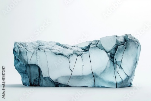A glacial chunk, intricately fractured and partially melted, rests on a pristine white surface, conveying coldness and environmental fragility.