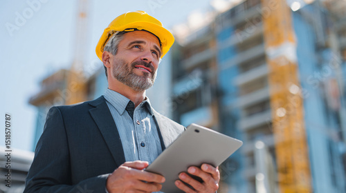 businessman at construction site engineer with tablet and helmet. architecture blueprint worker man contractor adult engineering industry