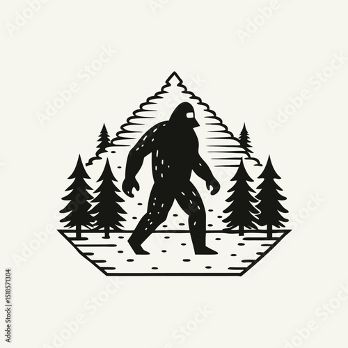 Monochrome Illustration of Bigfoot Walking Through the Forest With Evergreen Trees and a Geometric Border Creating a Vintage Retro and Minimalist Design This