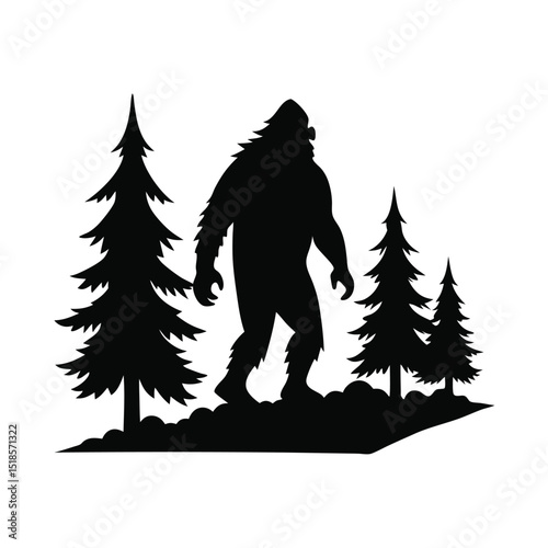 Silhouette of Bigfoot Walking Among Pine Trees in a Forest a Cryptid Creature in a Monochrome Vector Illustration Isolated on White black silhouette