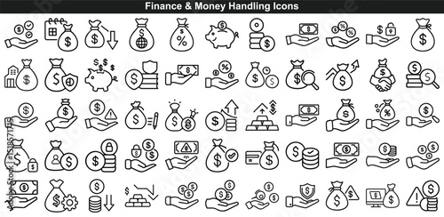 Finance and Money Linear Icons Bags, Coins, Hands, Piggy Bank, and More