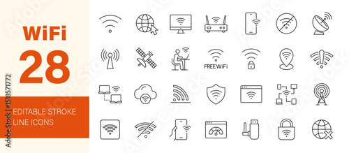 Wifi icon set. Containing online, signal, wireless, internet, computer, connect, hotspot, offline, wifi router, modem, antenna, satellite and more. Editable line icons. Vector illustration.