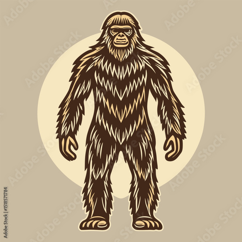 Stylized Illustration of a Bigfoot Creature Standing Tall with Furry Brown and Beige Coat on a Light Beige Background Circle and Neutral Backdrop