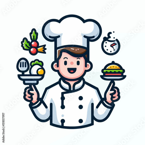 Chef balancing breakfast  burger wears toque surrounded by clock holly branch