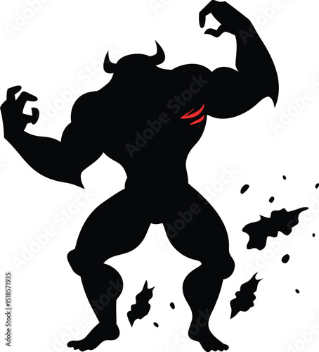 Silhouette of a Powerful Minotaur with Red Scars Posing Aggressively with Debris Kicked Up Isolated on a White Background Vector Illustration This striking
