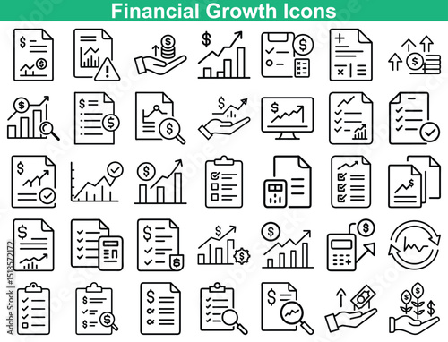 Financial Growth and Investment Line Icons Set Charts, Documents, Reports, and Currency Symbols