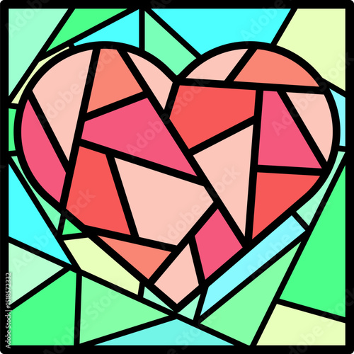 Vector illustration of the outline of a heart-shaped stained glass window. Ornamental art in the shape of a heart. Artistic mosaic with medieval design