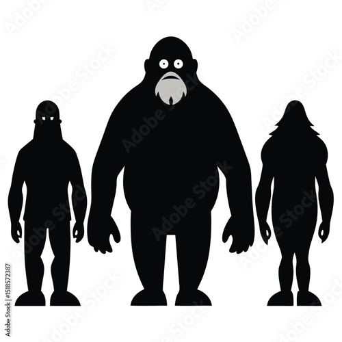 A Trio of Cryptids Silhouette Illustration of Bigfoot a Mysterious Creature and a Humanoid Figure Standing Against a White Background This illustration shows