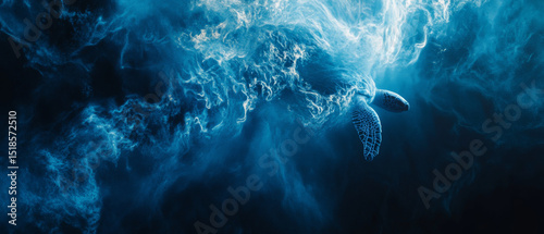 Realistic sea turtle gliding elegantly through vibrant blue water, surrounded by swirling patterns of light and movement, creating serene underwater atmosphere