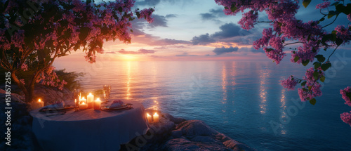 Romantic dining setup on cliffside overlooking serene ocean at s et, surrounded by blooming flowers and soft candlelight, creating tranquil atmosphere