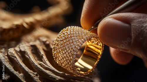 Skilled jeweler carefully setting luxurious gold ring adorned with sparkling diamonds, showcasing intricate craftsmanship and attention to detail. warm glow of gold contrasts beautifully with