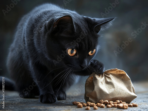 Sleek black cat with gleaming eyes curiously investigates small bag of cat food, showcasing its playful nature and keen interest in treat