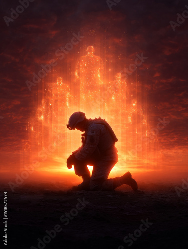 Soldier kneeling in prayer, surrounded by glowing aura, symbolizes hope and reflection amidst dramatic backdrop. ethereal figures in background enhance emotional depth of scene