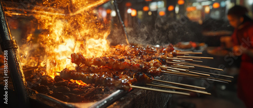 Grilling skewers over open flame, street food vendor creates mouthwatering scene filled with smoke and vibrant colors. juicy meat sizzles, enticing passersby with its aroma