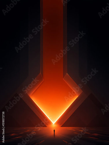 Striking digital artwork featuring large downward arrow illuminated vibrant orange against dark background. scene conveys sense of depth and perspective, drawing viewer eye toward glowing point