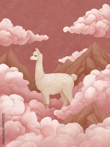 Serene alpaca stands gracefully amidst soft pink clouds and majestic mountains, creating whimsical and dreamy atmosphere. gentle hues evoke sense of calm and tranquility