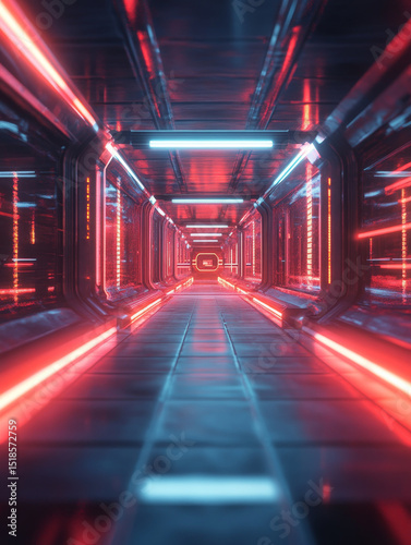 Futuristic corridor with glowing neon lights creates vibrant atmosphere, showcasing sleek design and reflective surfaces. bright colors enhance sci fi aesthetic, inviting exploration