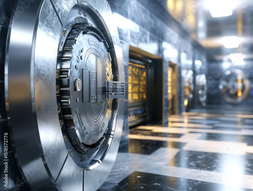 Cutting edge bank security vault featuring sleek metallic doors and polished floor, showcasing advanced technology and design. atmosphere conveys sense of safety and sophistication