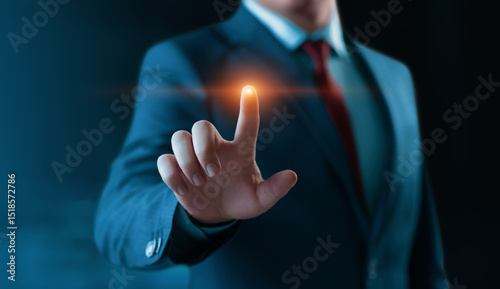 The businessman touch virtual screen. Man presses virtual button. Business Technology Concept
