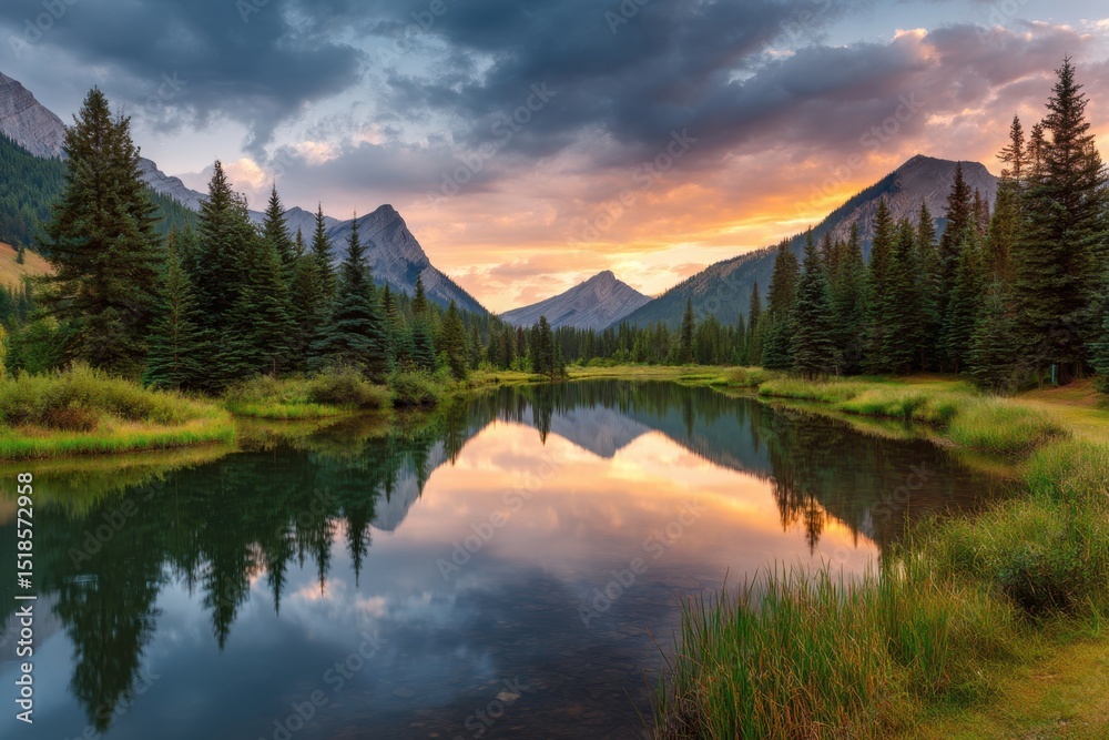 Fototapeta premium Mountain lake reflection scenic view on white background