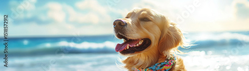 Fluffy golden retriever enjoying sunny day at beach, with vibrant bandana around its neck. dog looks happy and relaxed, surrounded by beautiful ocean waves and bright sky