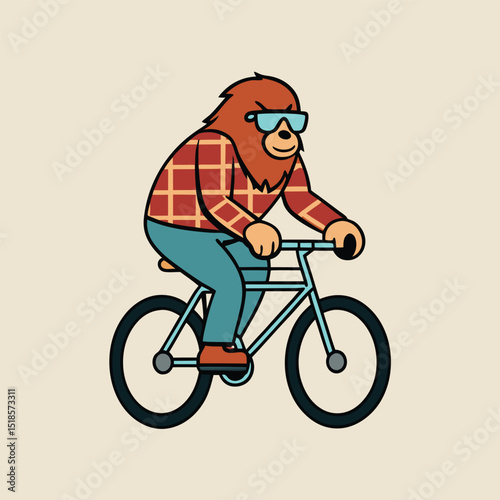 Cartoon Sasquatch Riding a Bike with Style A Fun and Whimsical Illustration of a Cryptid Enjoying a Leisurely Ride with Sunglasses and Plaid