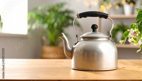 Vintage metal kettle on table. Equipment for boiling water for tea or coffee.
