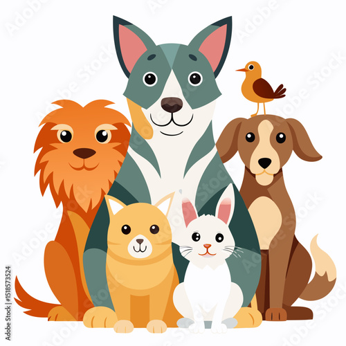 Group of Pets – Dog, Cat, Bird, Rabbit Vector Illustration Isolated on White Background

