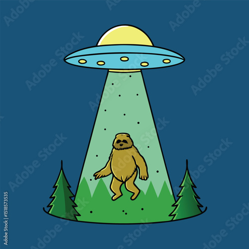 Cartoon Illustration of Bigfoot Being Abducted by a Flying Saucer in a Forest with a Blue Background and a Green Beam This cartoon