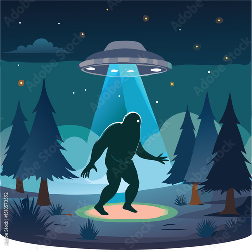 Bigfoot Encounter A Silhouette Figure Under a UFO Spotlight in a Forest at Night Surrounded by Trees and a Starry Sky silhouette Bigfoot like