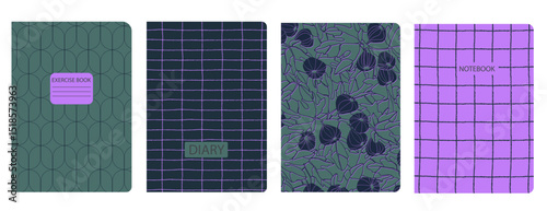 Set of cover page templates with fig tree branches and fruit. Based on seamless patterns. Headers isolated and replaceable. Perfect for school notebooks, notepads, diaries, etc