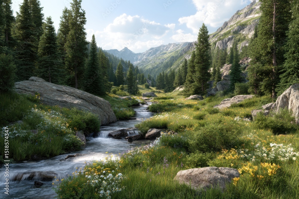 Obraz premium Mountain stream flows through valley on white background