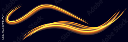 Set of light speed motion effect. Gold or yellow color spiral glow effect on dark background. Sunlight special lens flare light effect. Vector illustration
