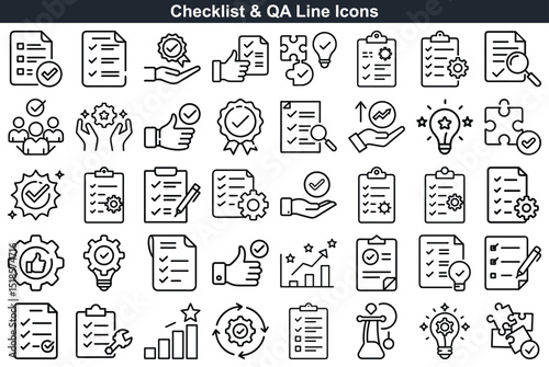 Quality Assurance Line Icons Checklist, Document, Approval, Thumbs Up, Gear, Idea, Magnifier, Statistics