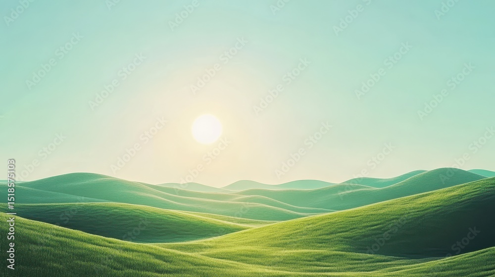 Fototapeta premium Bright sun over rolling green hills in a naive art style background with ample space for text or design purposes. Generative AI