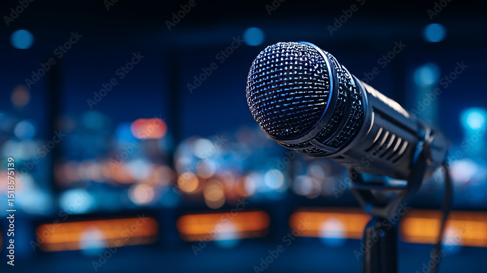 The online livestreaming channel employs a podcast microphone to capture discussions, as seen in a close-up shot within an empty living room illuminated by neon lights The online livestreaming channel employs a podcast microphone to capture discussions, as seen in a close-up shot within an empty living room illuminated by neon lights
