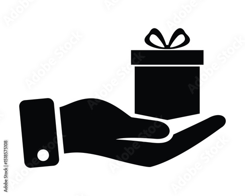Silhouette icon of a hand offering a gift box with a ribbon, symbolizing generosity, giving, donation, surprise, charity, and holiday present concepts