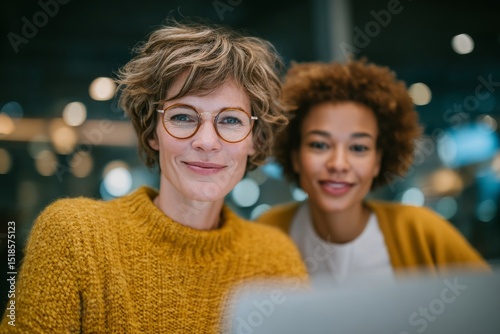In a creative agency, the female production team engages in brainstorming sessions to come up with innovative ideas, leveraging computer software to develop digital content as black and Caucasian