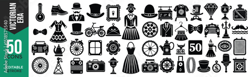 Victorian Era Line Icons – 19th Century Antique & Fashion Vector Set

