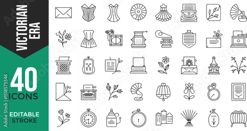 Victorian Era Line Icons – 19th Century Antique & Fashion Vector Set

