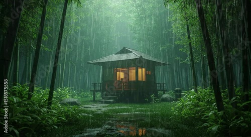 Cottage in a tranquil bamboo forest during rainy weather small traditional japanese tea house in the forest, lush greenery, subdued lighting, heavy rain video