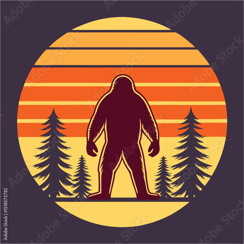 Retro Bigfoot Silhouette in Forest with Sunset Background Vintage Style Sasquatch Illustration Cryptozoology Legend Mystery Outdoors Nature Graphic Design vintage style illustration depicts dark