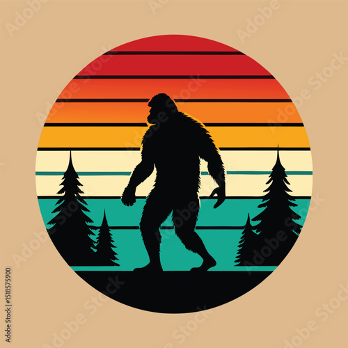 Retro Bigfoot Silhouette in Circular Landscape with Striped Sunset Featuring Evergreen Trees and a Tan Background for a Vintage Inspired Design silhouette stands