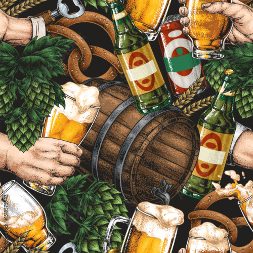 Beer celebration with brews pretzels and hops
