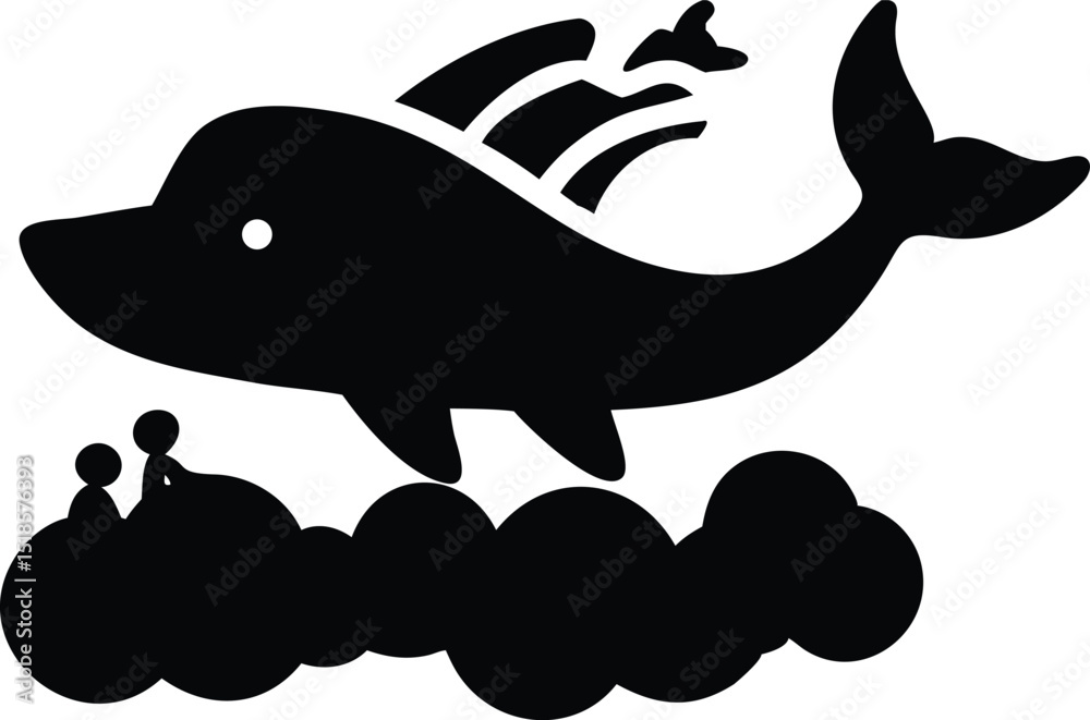 Obraz premium Flying Whale Above Clouds Silhouette Vector Art