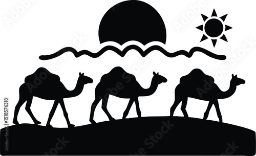 Desert Camels Walking at Sunset Silhouette Vector Art
