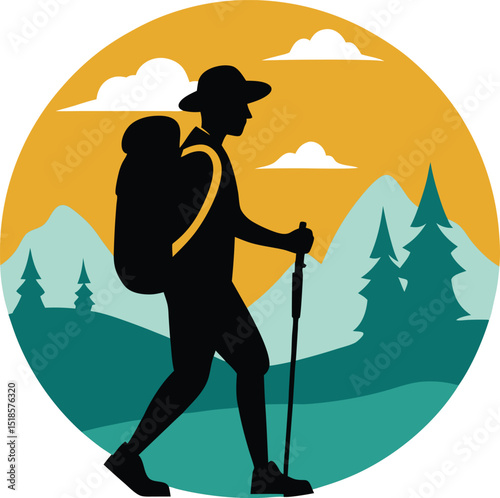 Hiking backpacker silhouette in mountain landscape