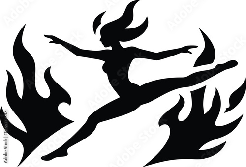 Flaming Dancer Woman Silhouette Jumping Through Fire Vector