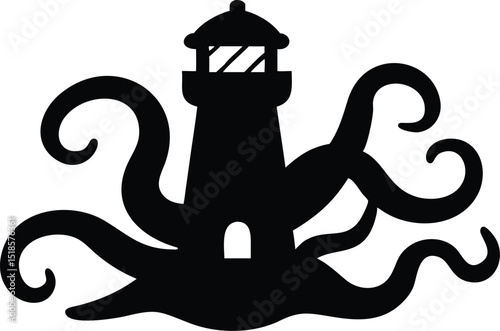 Lighthouse with Octopus Tentacles Silhouette Vector Art